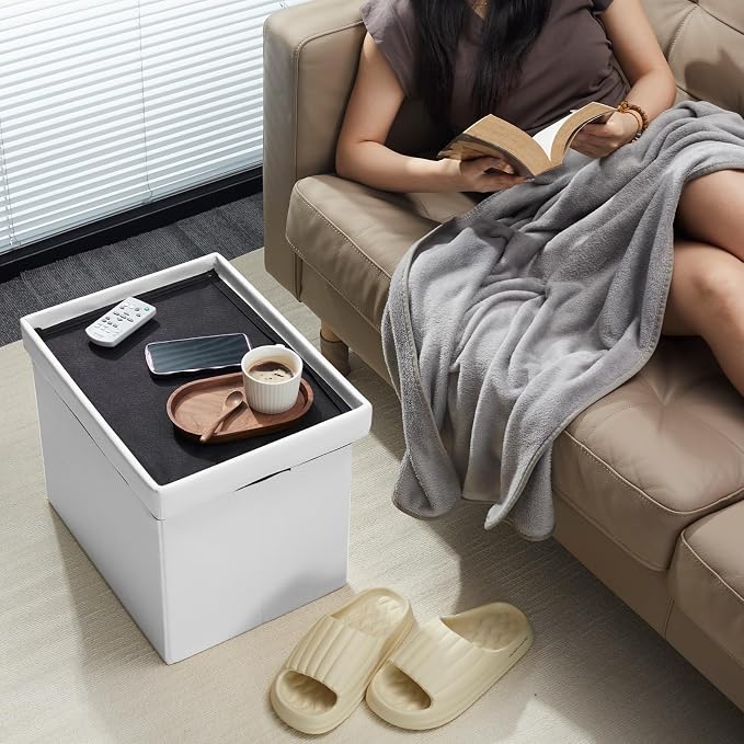AmasSmile Storage Ottoman Folding Foot Rest Stool, Leather Footstool Bench - Image 2
