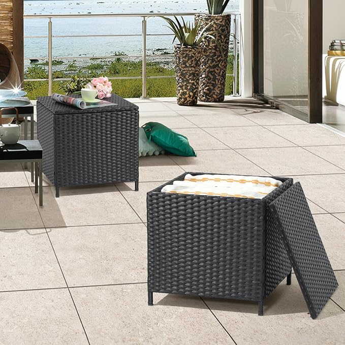 Verano Garden Outdoor Wicker Side Table Set of 2, Small Storage Rattan Wicker - Image 8