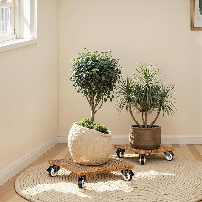 Idzo 2-Pack 12 Inch Acacia Wood Rolling Square Plant Caddy - Image 7