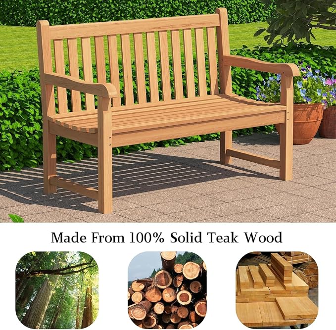 Outdoor Teak Bench, Park Bench for 2 People, Ergonomic Patio Seating, - Image 3