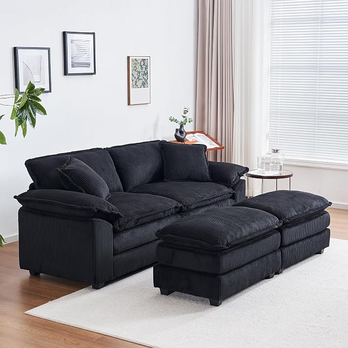 84.6” Corduroy Loveseat with Ottoman, Oversized Double Chaise Lounge Chair - Image 2