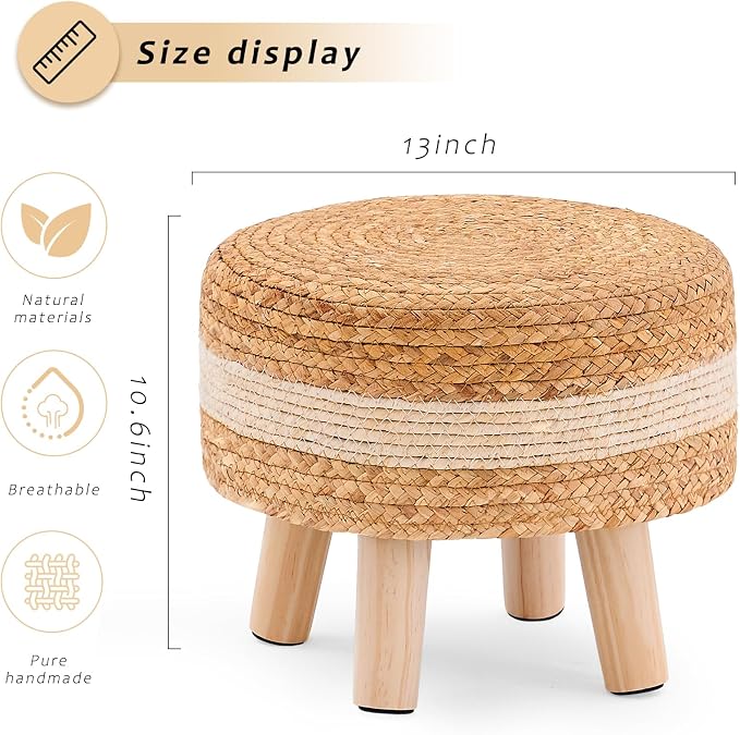 Handwoven Round Ottoman, Natural Water Hyacinth Outdoor Patio Pouf Seagrass Low - Image 3