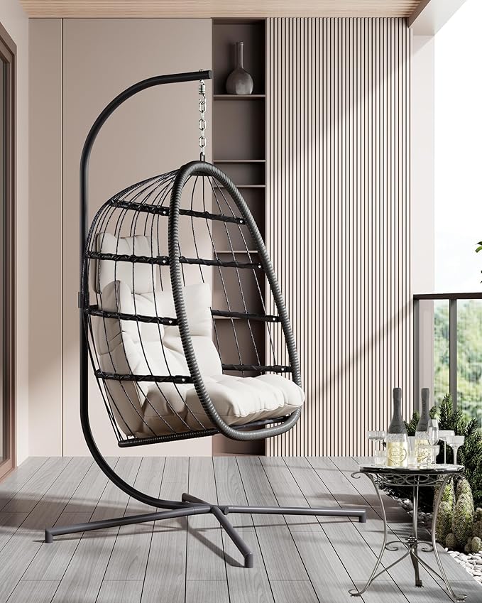 FREDEES Egg Swing Chair with Stand, Outdoor Hanging Egg Chair with Cushion - Image 4