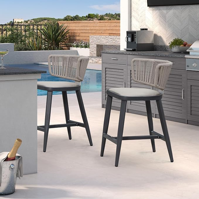 PURPLE LEAF Outdoor Counter Height Bar Stool Set of 2 Modern Rattan Bar Chairs by PURPLELEAF