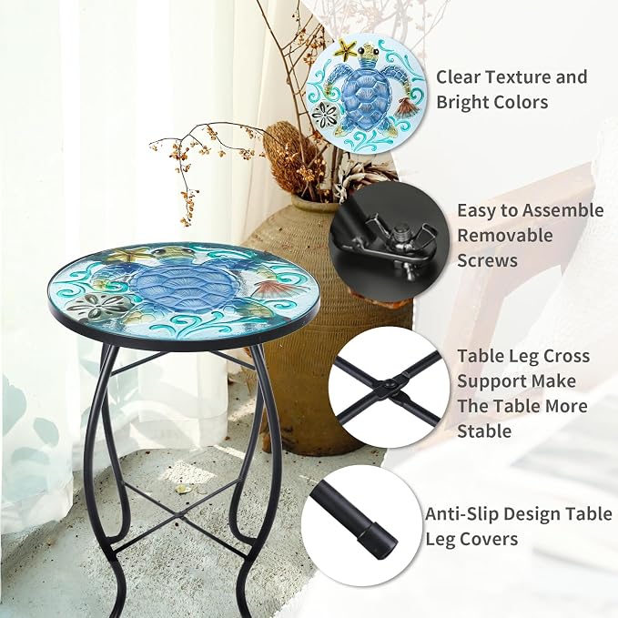 VCUTEKA Patio Side Table Outdoor Accent Table Small Mosaic Table Coffee Table - Image 5