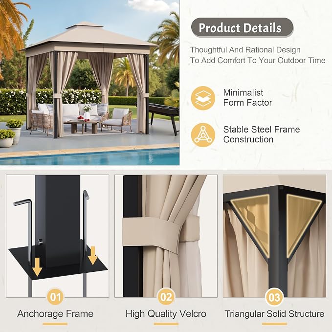 Devoko Outdoor Gazebo for Patio 8'x 8' Heavy Duty Metal Frame Canopy - Image 3