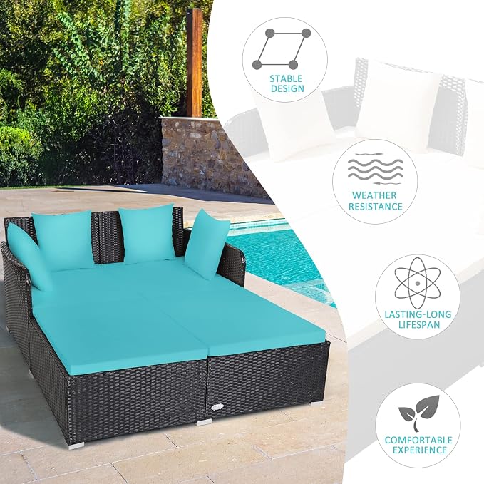 COSTWAY Outdoor Patio Rattan Daybed, Sponge Cushioned Loveseat Sofa - Image 6