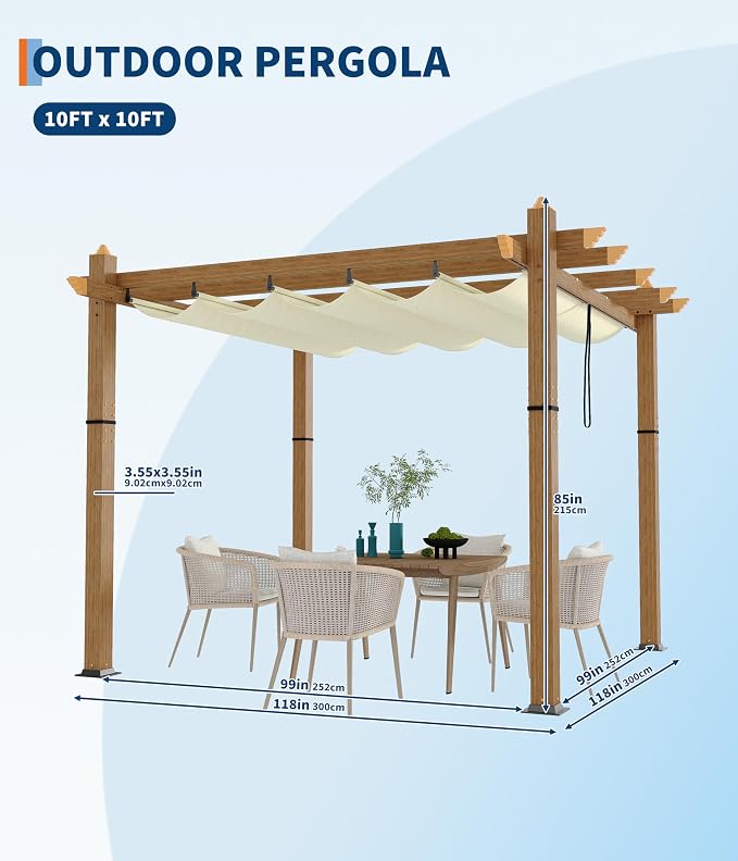 GarveeLife 10 x 10 ft Wood-Grain Aluminum Pergola Outdoor Pergola - Image 6