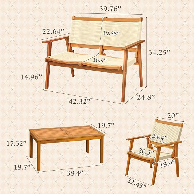Devoko 4 Pieces Acacia Wood Patio Conversation Sets, Patio Furniture Set - Image 6