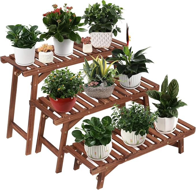 Ufine Freestanding 3 Tier Ladder Shelf Wood Plant Stand Indoor Outdoor Plant by Ufine