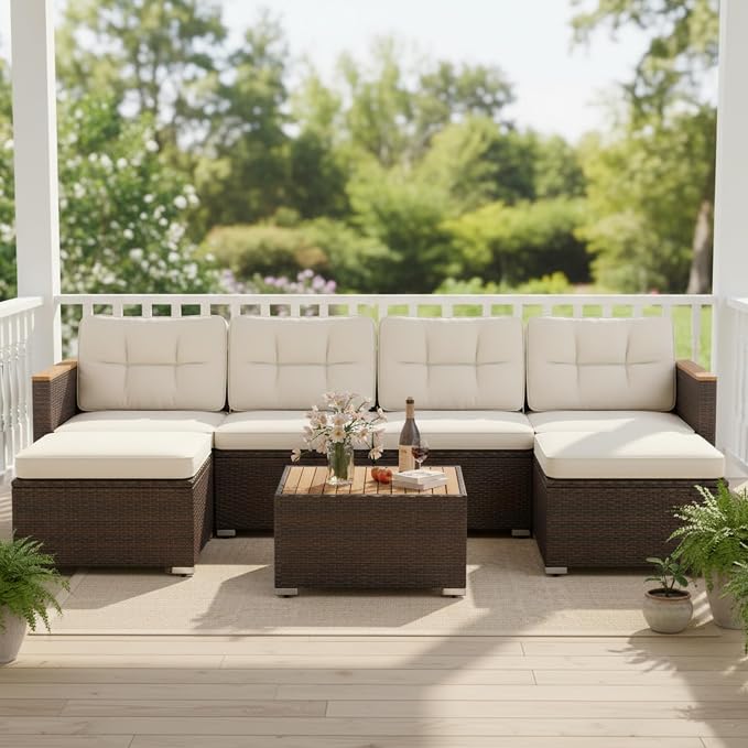 Tangkula 7 Pieces U Shape Outdoor Furniture Set, Patio Rattan Cushioned Chairs - Image 5
