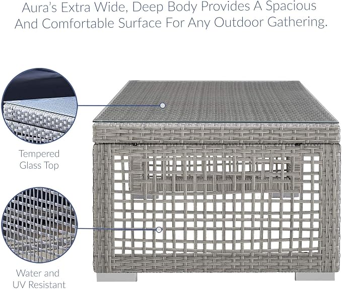 Modway Aura Wicker Rattan Outdoor Patio Tempered Glass Coffee Table in Gray - Image 5