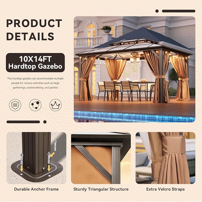 Aoxun 10'x14' Hardtop Gazebo, Outdoor Metal Gazebo - Image 8