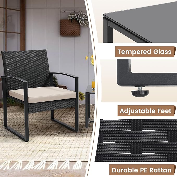 3 Piece Wicker Patio Bistro Set, Rattan Conversation Set - Image 5