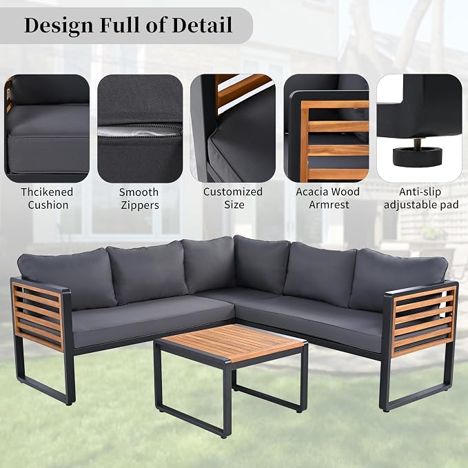 4 Pieces Outdoor Patio Conservation Set, Metal and Wood Frame Sectional - Image 6