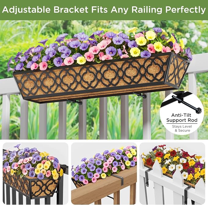 Y&M 30 Inch Window Deck with Coco Liner, Fence Metal Hanging Flower Planter - Image 2