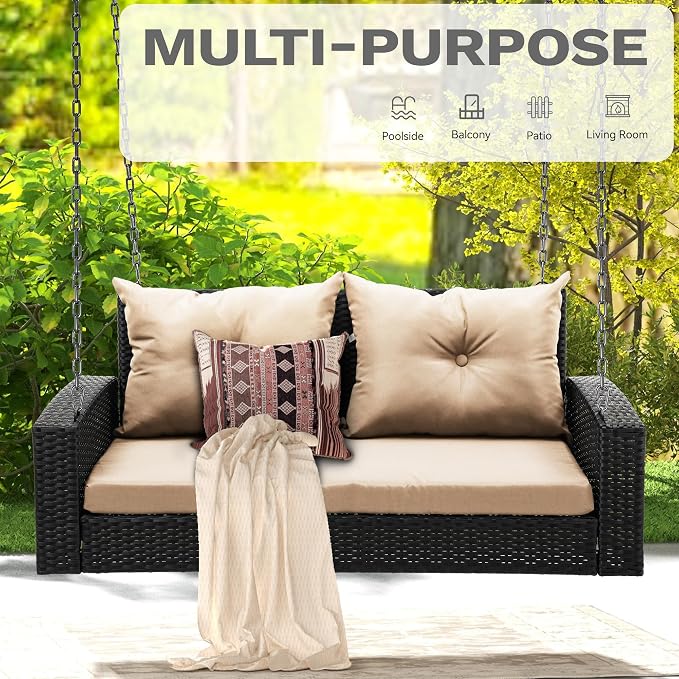 DWVO Hanging Porch Swing Chair Outdoor Wicker Rattan Patio Swing Lounge 2 Seats - Image 2