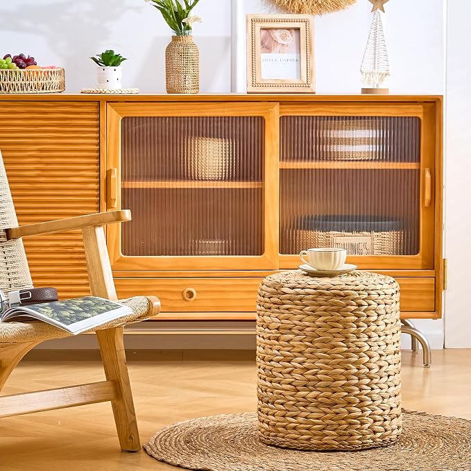 Wimarsbon Round Pouf Ottomans, Handwoven Natural Water Hyacinth Seagrass Pouffe - Image 5