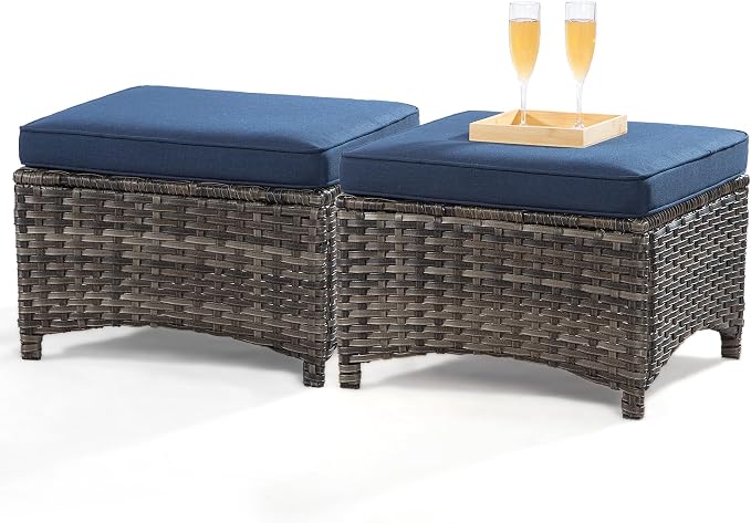 Outdoor Wicker Ottomans for Patio Set of 2 PE Wicker Steel Frame Outdoor - Image 3