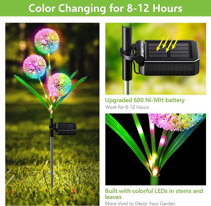 Solar Lights Outdoor Garden Decor: 2 Pack Upgraded Solar Dandelion Garden Light - Image 3