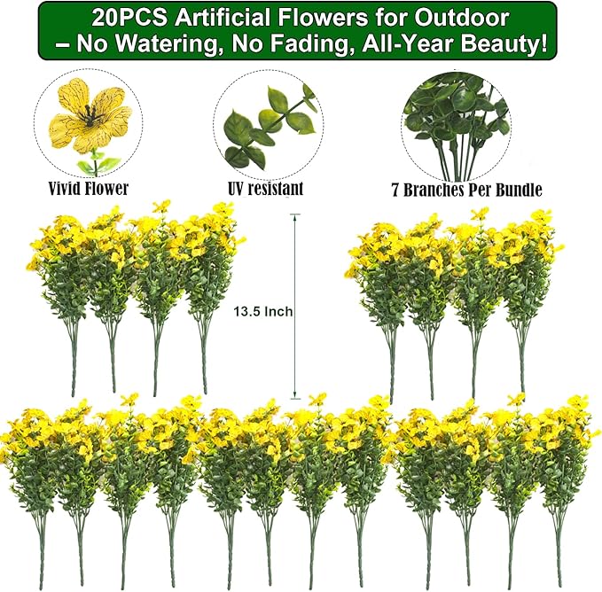 20 Bundles Artificial Flowers for Outdoors, UV Resistant Fake Plants Flowers - Image 2