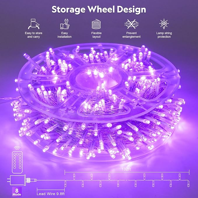 JMEXSUSS 400 LED Purple Christmas Lights Indoor Outdoor, 132 ft String Lights - Image 7