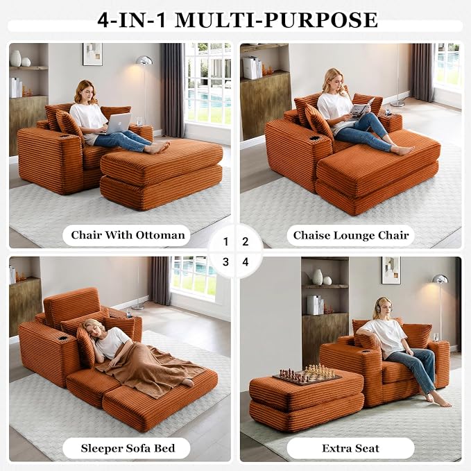 HANXIN 62" Chaise Lounge Chair Indoor, Oversized Corduroy Boneless Convertible - Image 4
