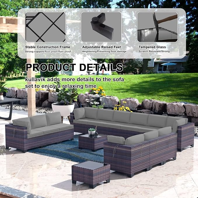 Kullavik 14 Pieces Outdoor Patio Furniture Set PE Wicker Rattan Sectional Sofa - Image 3