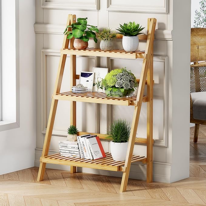 39.4" Foldable Plant Shelf Ladder Shelf, 3 Tier Bamboo Ladder Flower Pot - Image 4