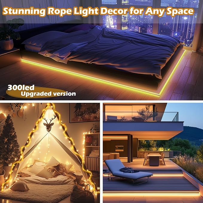 98FT Waterproof 300LEDs Solar Rope Lights, Type C Charging, Remote-Controlled - Image 2