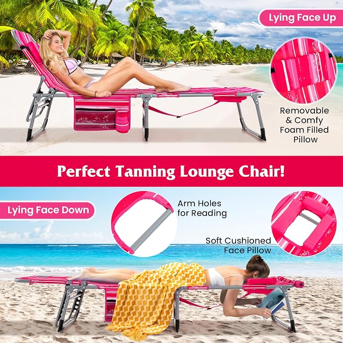 GYMAX Tanning Chair, 330LBS Beach Lounge Chair w/Face Arm Hole & Shoulder Strap - Image 5