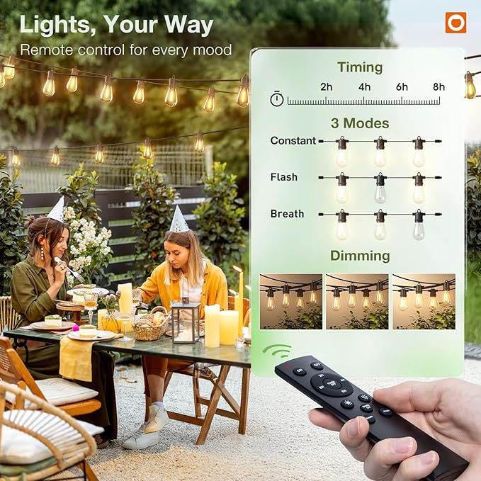 addlon 50FT LED Outdoor String Lights, Remote Dimmable Patio Lights - Image 2