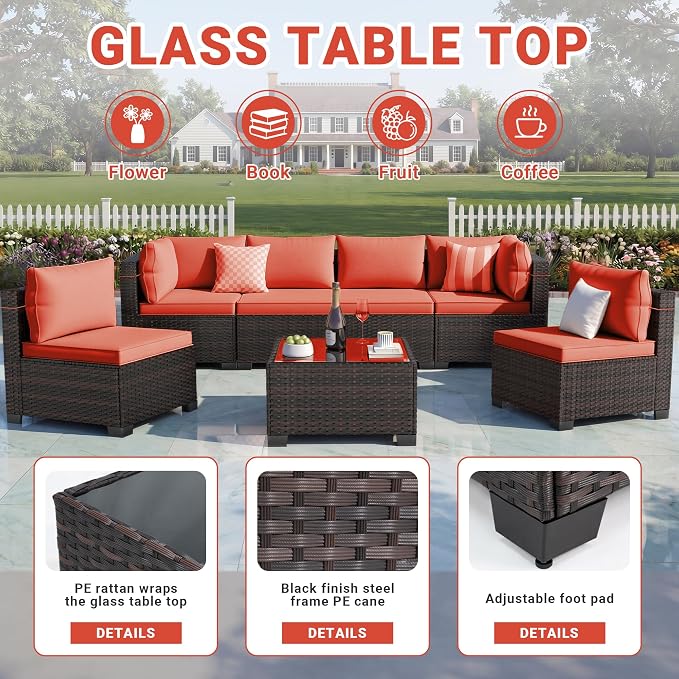 LEVELEVE 7 Pieces Outdoor Patio Furniture Sets, Rattan Conversation Sectional - Image 5