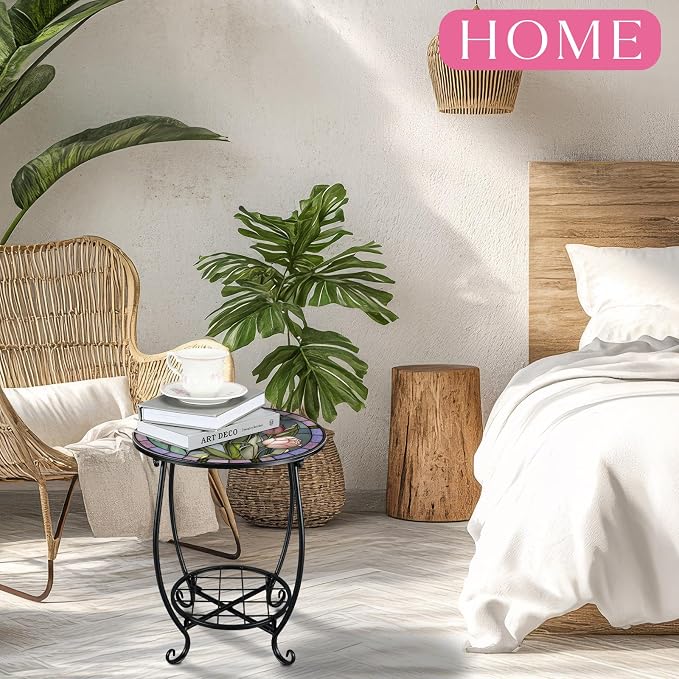 Outdoor Side Table Round Small Mosaic Patio Accent Indoor End Plant Coffee Tea - Image 5