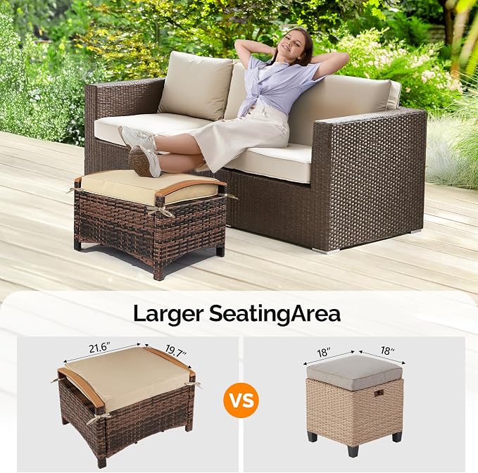 VINGLI Wicker Outdoor Ottoman Set of 2, All Weather PE Rattan Footstool - Image 4