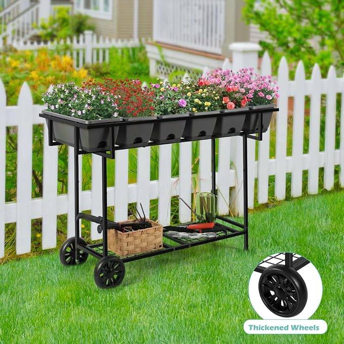YBING Raised Garden Bed with Wheels Outdoor Elevated Planter Box Stand 6 Pocket - Image 6