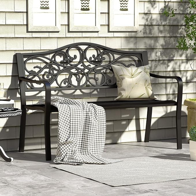 Tangkula 50 Inches Outdoor Garden Park Bench, Cast Iron Metal Patio Bench - Image 2