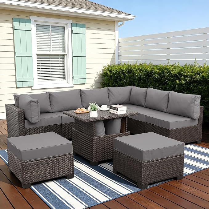 9 Pieces Wicker Patio Furniture Set Outdoor PE Rattan Sectional Conversation - Image 2