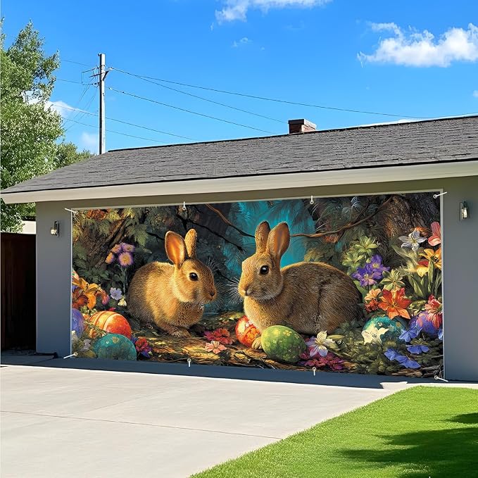ANNA QUEEN Easter Bunny Garage Door Banner 6x13FT, Two Rabbits and Easter Eggs - Image 8