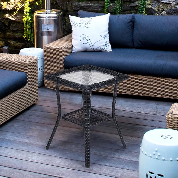 VINGLI Outdoor Side Table with Storage Wicker Patio Side Table, Tempered Glass - Image 6