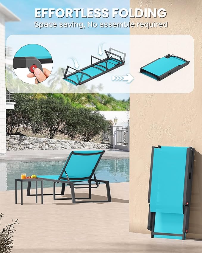 Aluminum Chaise Lounge Outdoor Set of 2, Foldable & Assembly Free Patio Pool - Image 3