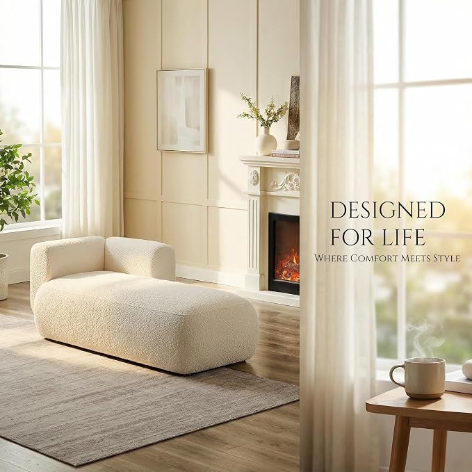 Boucle Chaise Lounge Chair Indoor Comfy Fluffy Lounge Sofa Upholstered Chaise - Image 3