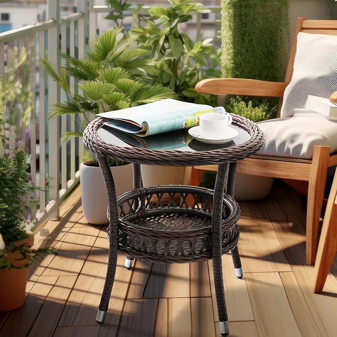 Outdoor Side Table Patio Wicker Coffee Table Outdoor End Table Rattan Bistro - Image 4