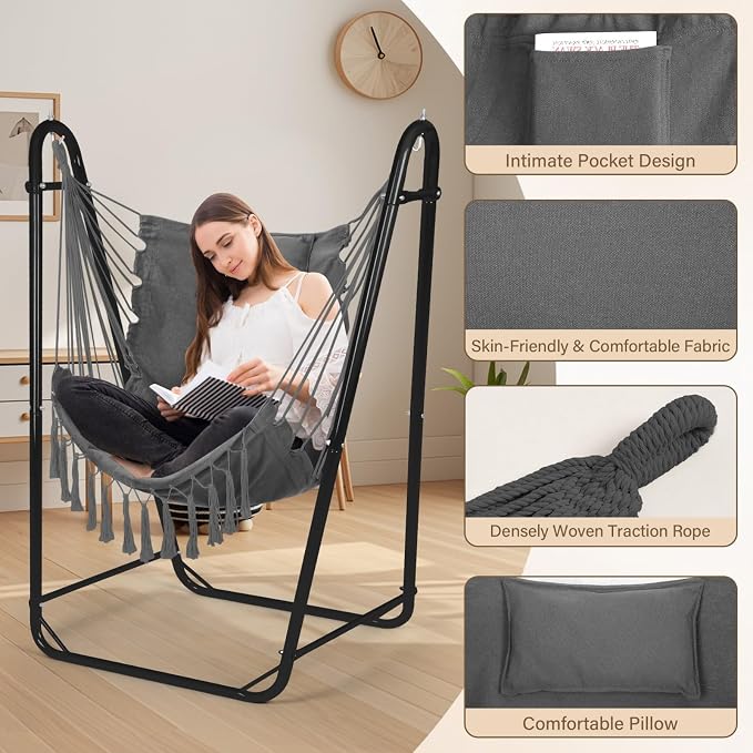 U-Shaped Hammock Chair with Stand, Heavy-Duty and Rustproof Hanging Chair with - Image 7