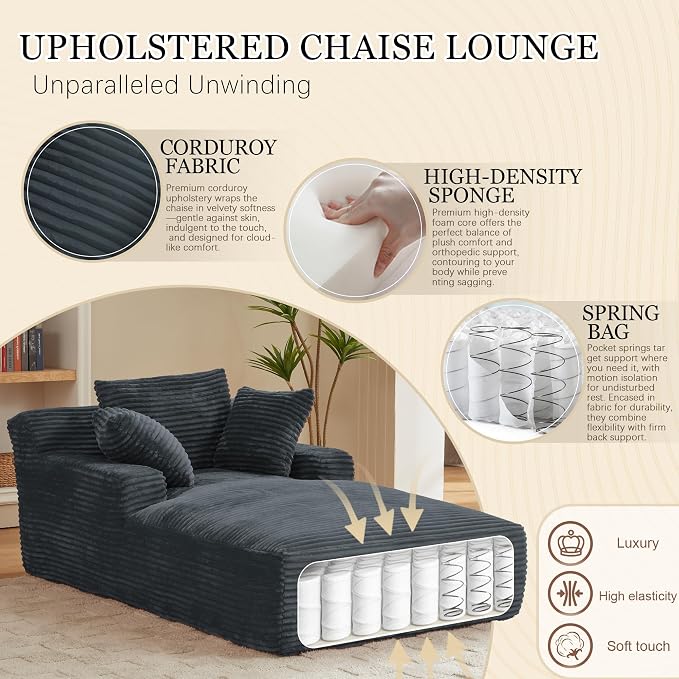 80 Inch Chaise Lounge Chair Indoor, Oversized Corduroy Upholstered Boneless - Image 3