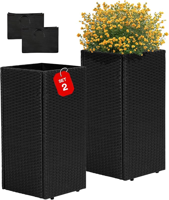 IDZO All-Weather Wicker Planters, 24 in Tall Wicker Planters, Self-Watering by Idzo