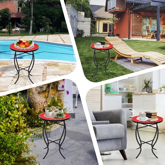 VCUTEKA Mosaic Outdoor Side Table, Living Room, Bistro Balcony or Lawn Red - Image 6