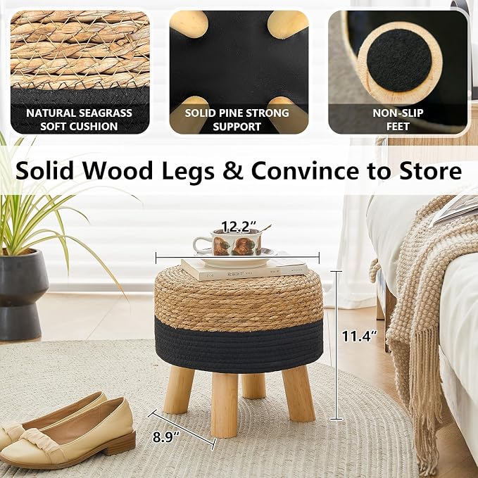 Round Ottoman Natural Seagrass Footstool, Foot Stool - Image 5