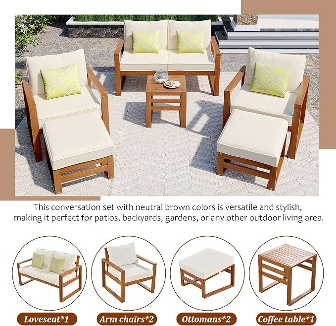 Outdoor Acacia Wood 6-Piece Conversation, Sunroom Furniture Indoor Sectional - Image 8