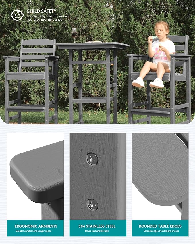 SERWALL Balcony Adirondack Chairs and Table 3 Pieces Set, Adirondack Bar Height - Image 4